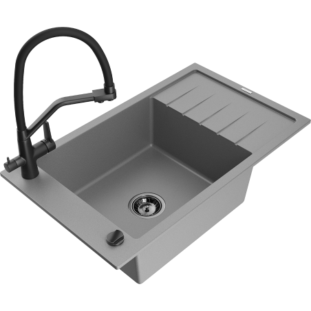 Mexen Elias chiuvetă din granit cu 1 compartiment și scurgător și baterie de bucătărie Duo, gri - 6511-71-671701-70-B