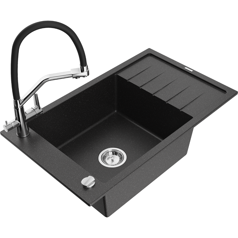 Mexen Elias chiuvetă de granit cu o cuvă, cu picurător și baterie de bucătărie Duo, negru/argintiu metalic