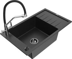 Mexen Elias gránit mosogató egykamrás csepegtetővel és Duo konyhai csapteleppel, fekete/ezüst metál - 6511-73-671701-07-B