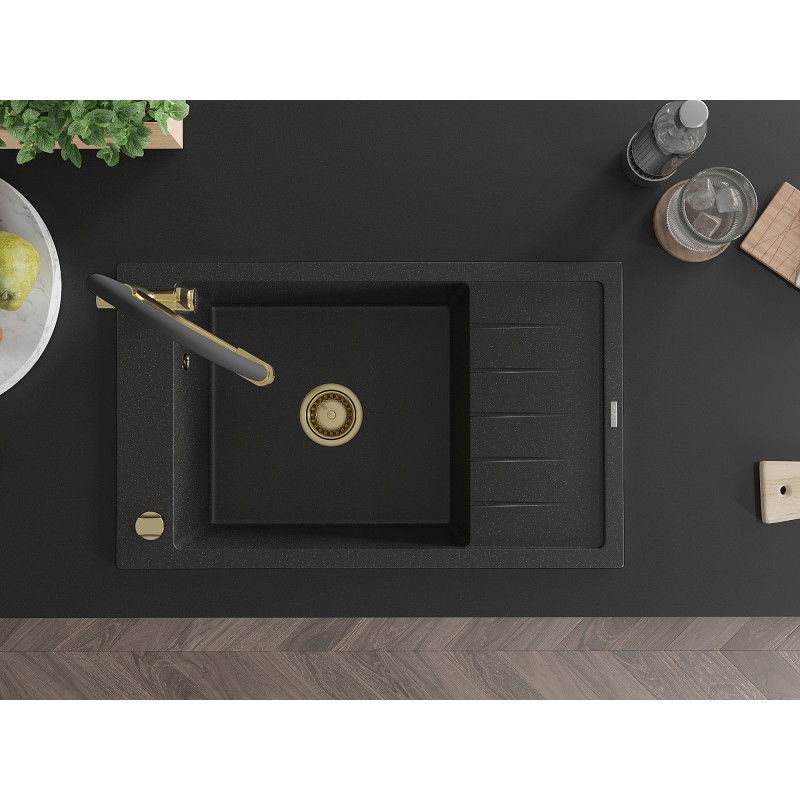 Mexen Elias chiuvetă granit 1-cameră cu picurător și baterie de bucătărie Duo, negru/argintiu metalic - 6511-73-671701-57-G