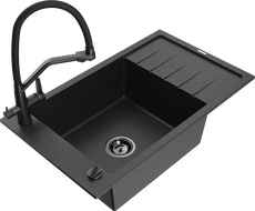 Mexen Elias chiuvetă de bucătărie din granit, 1 cuvă, cu scurgător și baterie de bucătărie Duo, negru/argintiu metalizat