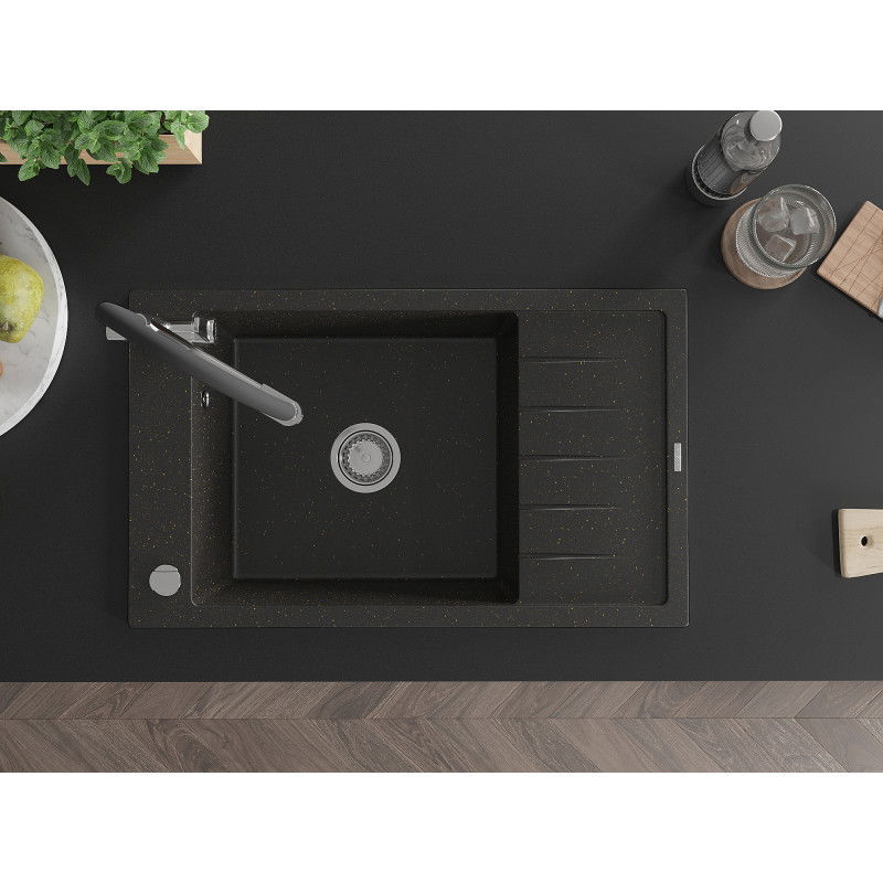 Mexen Elias gránit mosogató 1-medencés csepegtetővel és Duo konyhai csapteleppel, fekete/arany metál - 6511-75-671701-07