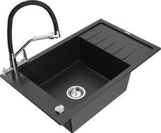 Mexen Elias chiuvetă de bucătărie din granit cu 1 cuvă cu scurgător și baterie Duo, negru/auriu metalizat - 6511-75-671701-07