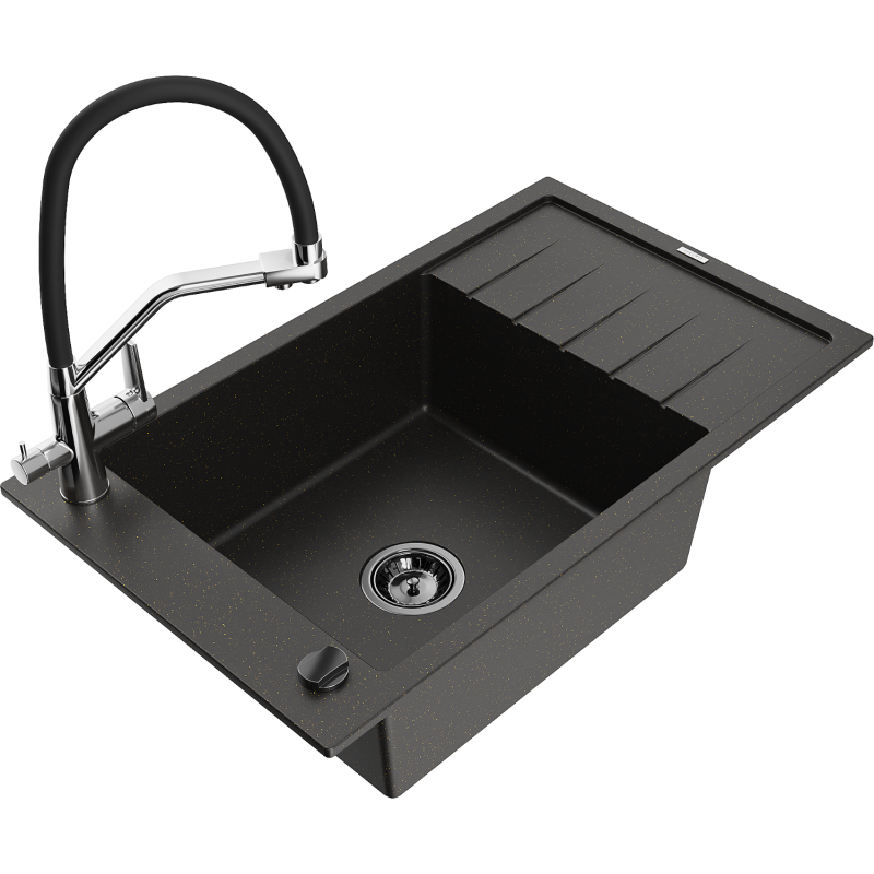 Mexen Elias chiuvetă granit 1-cameră cu scurgător și baterie Duo, negru/auriu metalic - 6511-75-671701-07-B