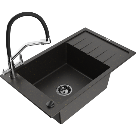 Mexen Elias chiuvetă granit 1-cameră cu scurgător și baterie Duo, negru/auriu metalic - 6511-75-671701-07-B
