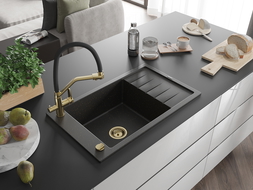 Mexen Elias chiuvetă granit 1-cameră cu picurător și baterie de bucătărie Duo, negru/auriu metalic - 6511-75-671701-57-G