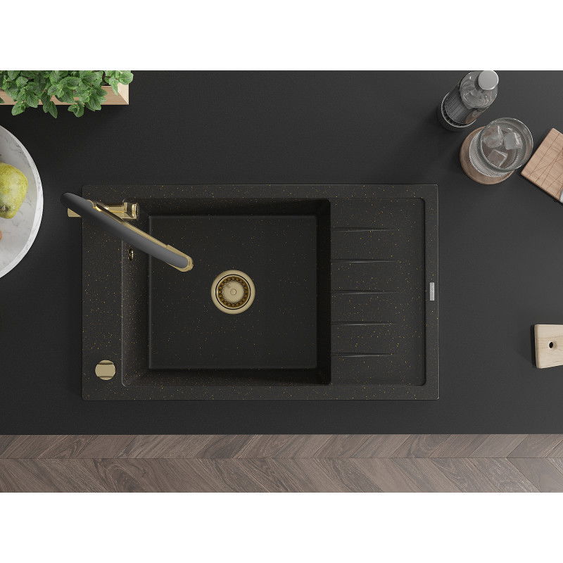 Mexen Elias chiuvetă din granit cu 1 cuvă, cu scurgător și baterie de bucătărie Duo, negru/auriu metalic - 6511-75-671701-57-G