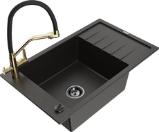 Mexen Elias Gránit egytálcás mosogató csepegtetővel és Duo konyhai csapteleppel, fekete/arany metál - 6511-75-671701-57-B
