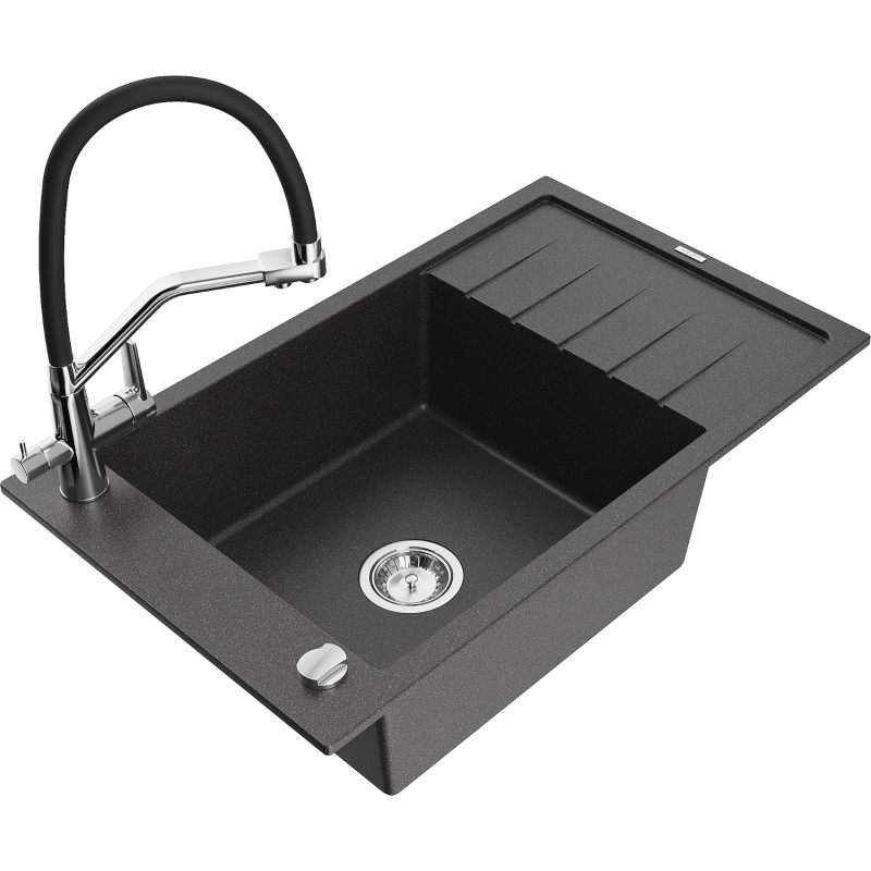Mexen Elias chiuvetă din granit cu 1 cuvă, cu scurgător și baterie de bucătărie Duo, negru pătat - 6511-76-671701-07