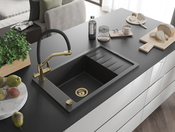 Mexen Elias chiuvetă de granit cu 1 compartiment, cu scurgător și baterie de bucătărie Duo, negru cu pete - 6511-76-671701-57-G