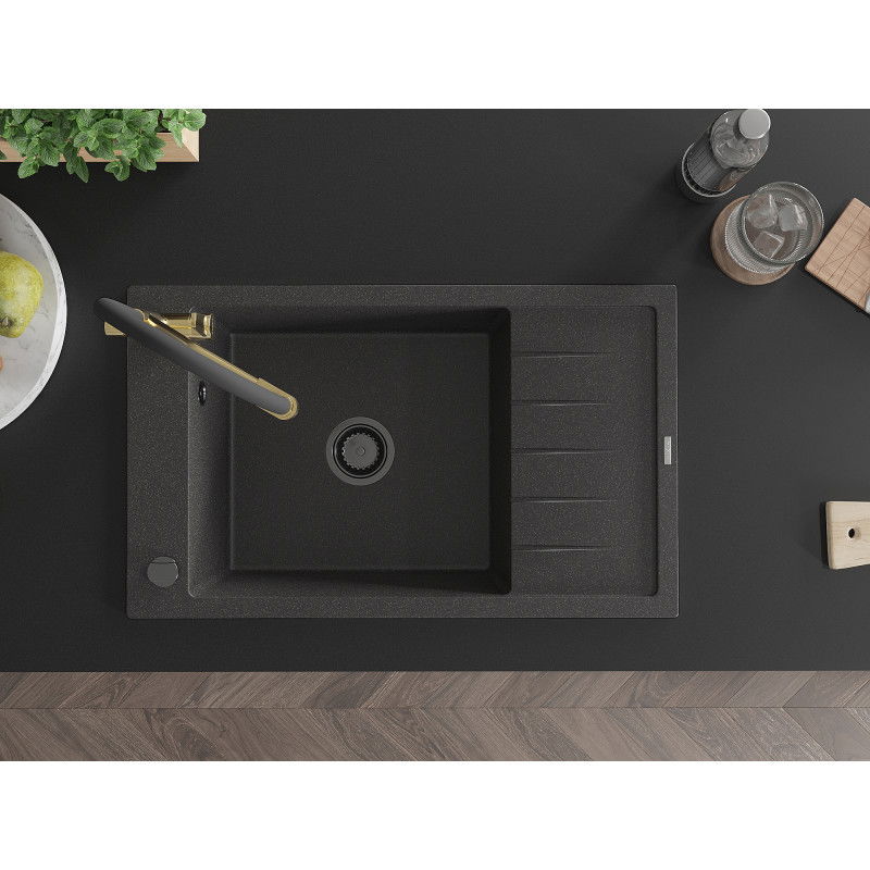Mexen Elias chiuvetă de granit cu 1 compartiment cu scurgător și baterie de bucătărie Duo, negru cu pete