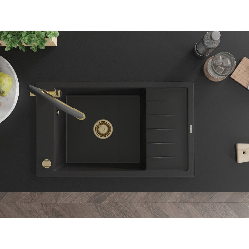 Mexen Elias chiuvetă granit 1-bazin cu scurgător și robinet de bucătărie Duo, negru - 6511-77-671701-57-G