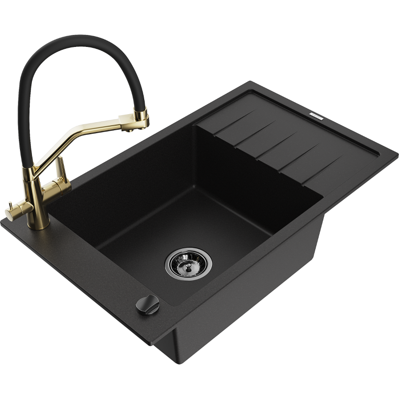 Mexen Elias gránit mosogató 1-medencés csepptálcával és Duo konyhai csapteleppel, fekete - 6511-77-671701-57-B