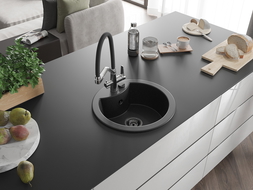 Mexen Diego egymedencés gránit mosogató Duo konyhai csapteleppel, fekete/ezüst metál - 6512-73-671701-07-B