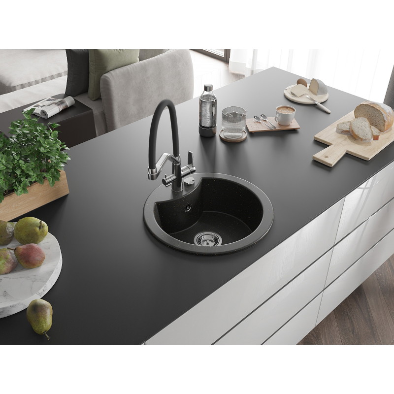 Mexen Diego gránit mosogató 1-medencés konyhai csapteleppel Duo, fekete/arany metál - 6512-75-671701-07
