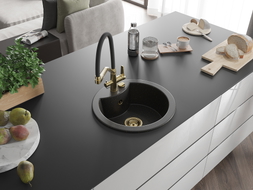Mexen Diego chiuvetă de bucătărie din granit cu 1 cuvă și baterie Duo, negru/auriu metalizat - 6512-75-671701-57-G