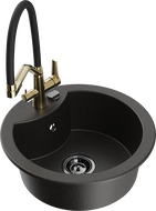 Mexen Diego egymedencés gránit mosogató Duo konyhai csappal, fekete/arany metál - 6512-75-671701-57-B