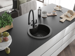 Mexen Diego 1-medencés gránit mosogató Duo konyhai csappal, fekete/arany metál - 6512-75-671701-70-B