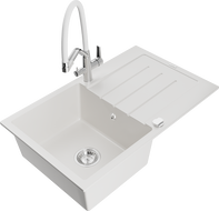 Mexen Bruno chiuvetă de granit cu 1 compartiment cu scurgător și baterie de bucătărie Duo, alb - 6513-20-671701-02