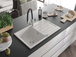 Mexen Bruno chiuvetă de granit cu 1 compartiment și picurător și baterie de bucătărie Duo, alb - 6513-20-671701-07