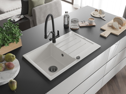 Mexen Bruno chiuvetă de granit cu o cuvă și scurgător și baterie de bucătărie Duo, alb - 6513-20-671701-70-B