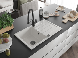 Mexen Bruno egymedencés gránit mosogató csepegtetővel és Duo konyhai csapteleppel, fehér - 6513-20-671701-70-B