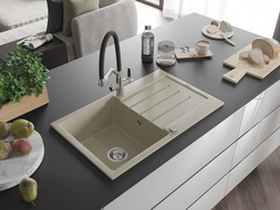 Mexen Bruno chiuvetă de bucătărie din granit cu 1 compartiment, cu scurgător și baterie Duo, bej - 6513-69-671701-07