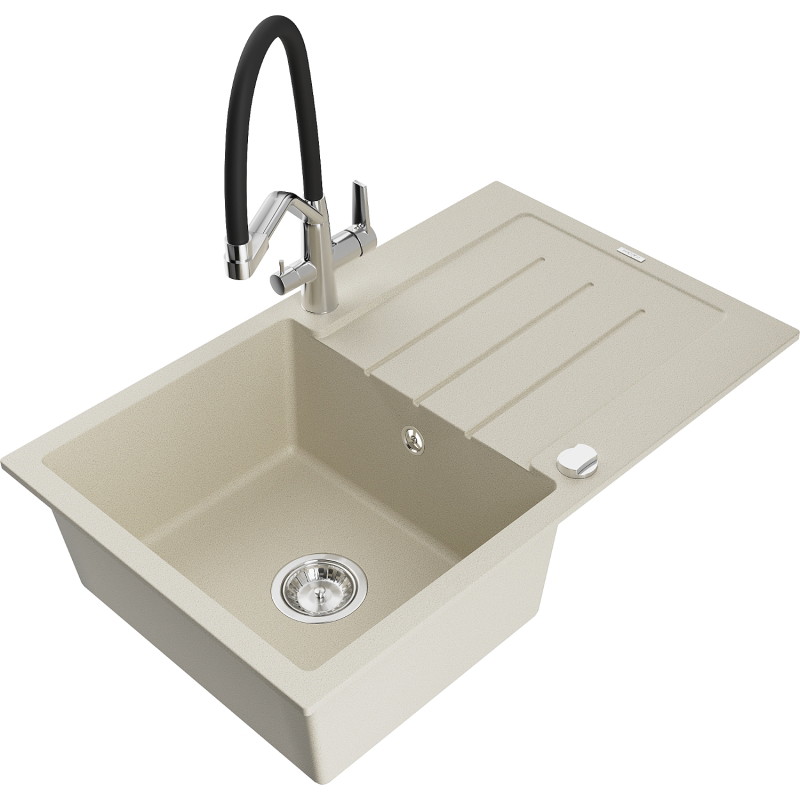 Mexen Bruno 1-medencés gránit mosogató csepegtetővel és Duo konyhai csapteleppel, beige - 6513-69-671701-07