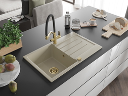 Mexen Bruno chiuvetă din granit cu 1 cuvă, cu scurgător și baterie de bucătărie Duo, bej - 6513-69-671701-57-G