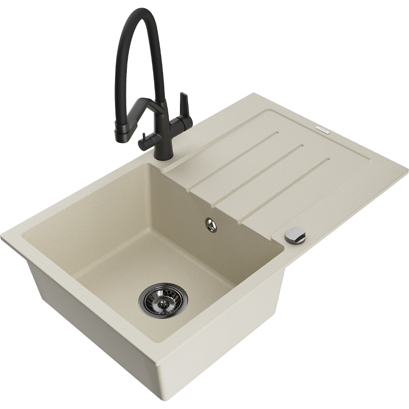 Mexen Bruno chiuvetă de bucătărie din granit cu 1 cuvă și scurgător și baterie Duo, bej - 6513-69-671701-70-B