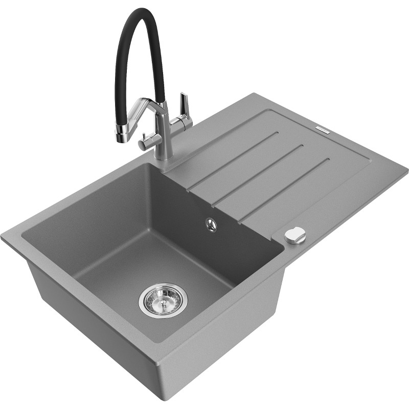 Mexen Bruno chiuvetă de granit cu o singură cuvă cu scurgător și baterie de bucătărie Duo, gri - 6513-71-671701-07