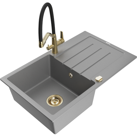 Chiuvetă granitică Mexen Bruno 1-cameră cu scurgător și baterie de bucătărie Duo, gri - 6513-71-671701-57-G
