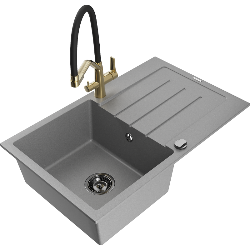 Mexen Bruno chiuvetă de granit cu o singură cameră, cu scurgător și baterie Duo, gri - 6513-71-671701-57-B