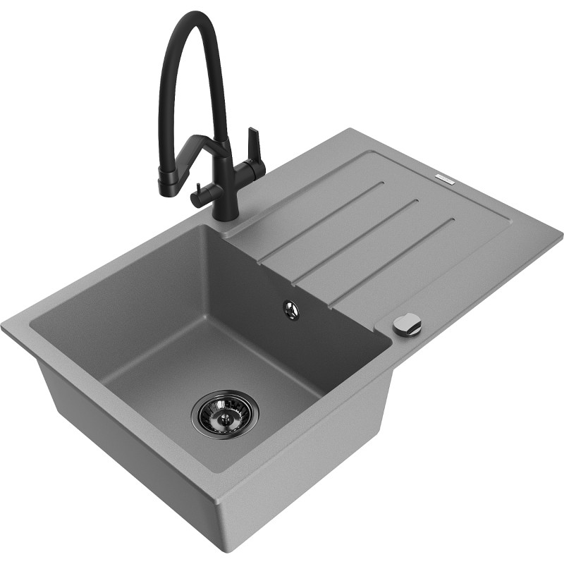 Mexen Bruno chiuvetă de granit cu 1 cuvă cu picurător și baterie Duo, gri - 6513-71-671701-70-B
