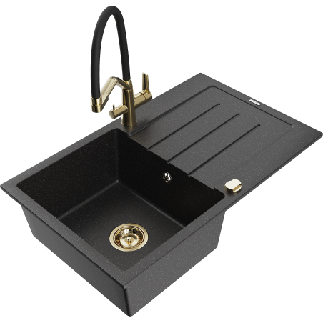 Mexen Bruno chiuvetă de granit cu 1 compartiment cu scurgător și baterie de bucătărie Duo, negru/metalizat argintiu