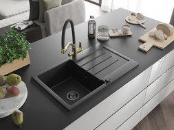 Mexen Bruno chiuvetă de bucătărie granit 1 cameră cu picurător și baterie Duo, negru/argintiu metalic - 6513-73-671701-57-B