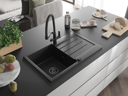 Mexen Bruno chiuvetă granit 1-cameră cu scurgător și baterie bucătărie Duo, negru/argintiu metalic - 6513-73-671701-70-B