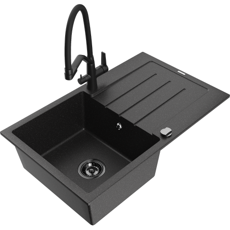 Mexen Bruno chiuvetă granit 1-cameră cu scurgător și baterie bucătărie Duo, negru/argintiu metalic - 6513-73-671701-70-B