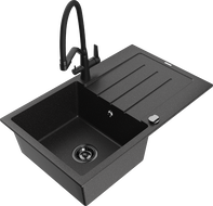 Mexen Bruno egytálcás gránit mosogató csepegtetőbetéttel és konyhai csappal Duo, fekete/ezüst metál - 6513-73-671701-70-B