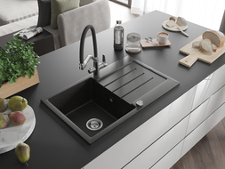Mexen Bruno chiuvetă de granit 1-cameră cu picurător și baterie de bucătărie Duo, negru/auriu metalic - 6513-75-671701-07