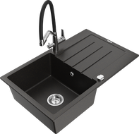 Mexen Bruno chiuvetă de granit cu 1 compartiment cu picurător și baterie de bucătărie Duo, negru/auriu metalic