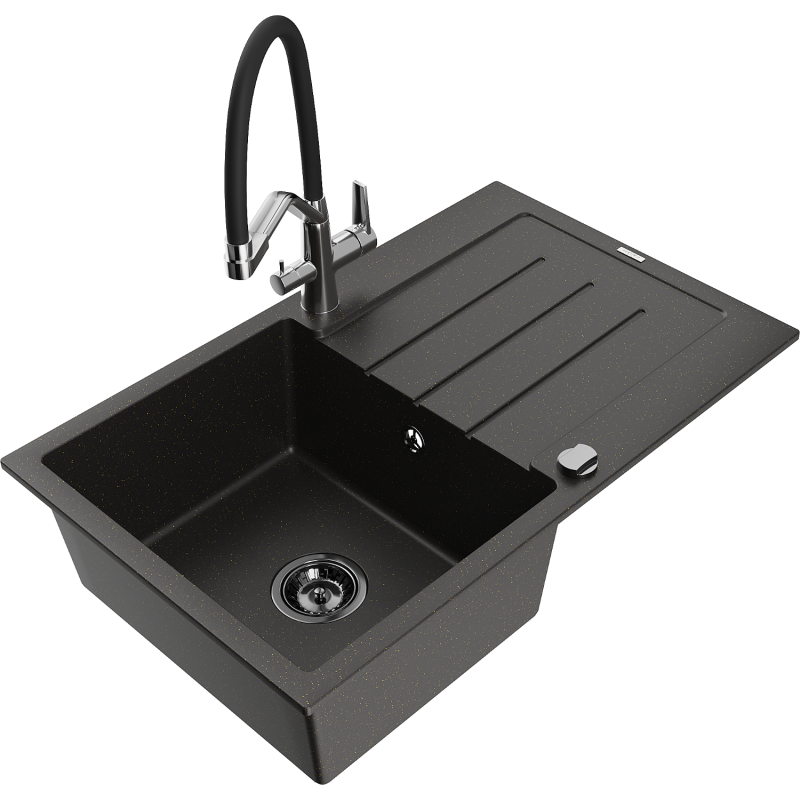 Mexen Bruno chiuvetă din granit cu 1 compartiment, cu picurător și robinet de bucătărie Duo, negru/auriu metalic