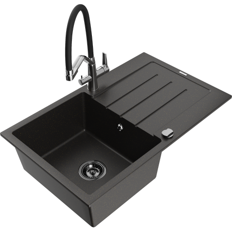 Mexen Bruno chiuvetă din granit cu 1 compartiment, cu picurător și robinet de bucătărie Duo, negru/auriu metalic