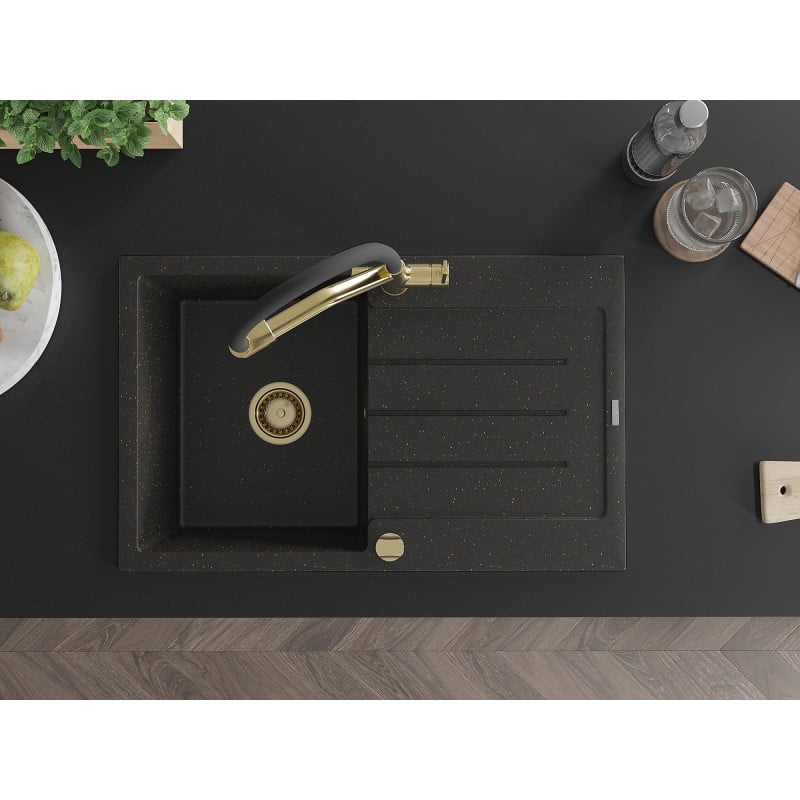 Mexen Bruno chiuvetă granit 1-cameră cu picurător și baterie de bucătărie Duo, negru/auriu metalic - 6513-75-671701-57-G