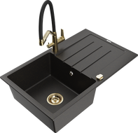 Mexen Bruno chiuvetă granit 1-cameră cu picurător și baterie de bucătărie Duo, negru/auriu metalic - 6513-75-671701-57-G