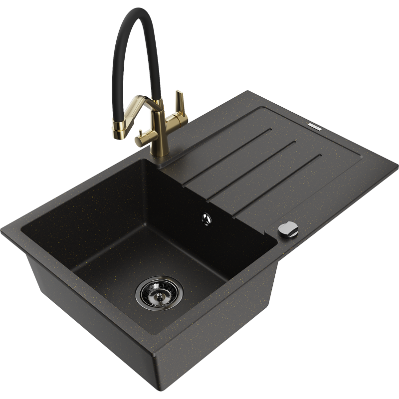 Mexen Bruno chiuvetă de granit cu o cuvă, cu scurgător și baterie de bucătărie Duo, negru/auriu metalic