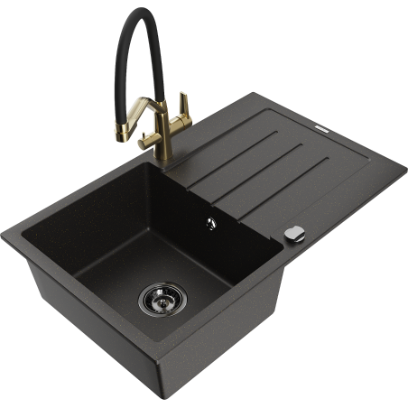 Mexen Bruno chiuvetă de granit cu o cuvă, cu scurgător și baterie de bucătărie Duo, negru/auriu metalic