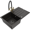 Mexen Bruno chiuvetă de granit cu o cuvă, cu scurgător și baterie de bucătărie Duo, negru/auriu metalic