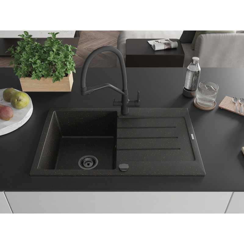 Mexen Bruno 1-medencés gránit mosogató lefolyóval és konyhai csapteleppel Duo, fekete/arany metál - 6513-75-671701-70-B