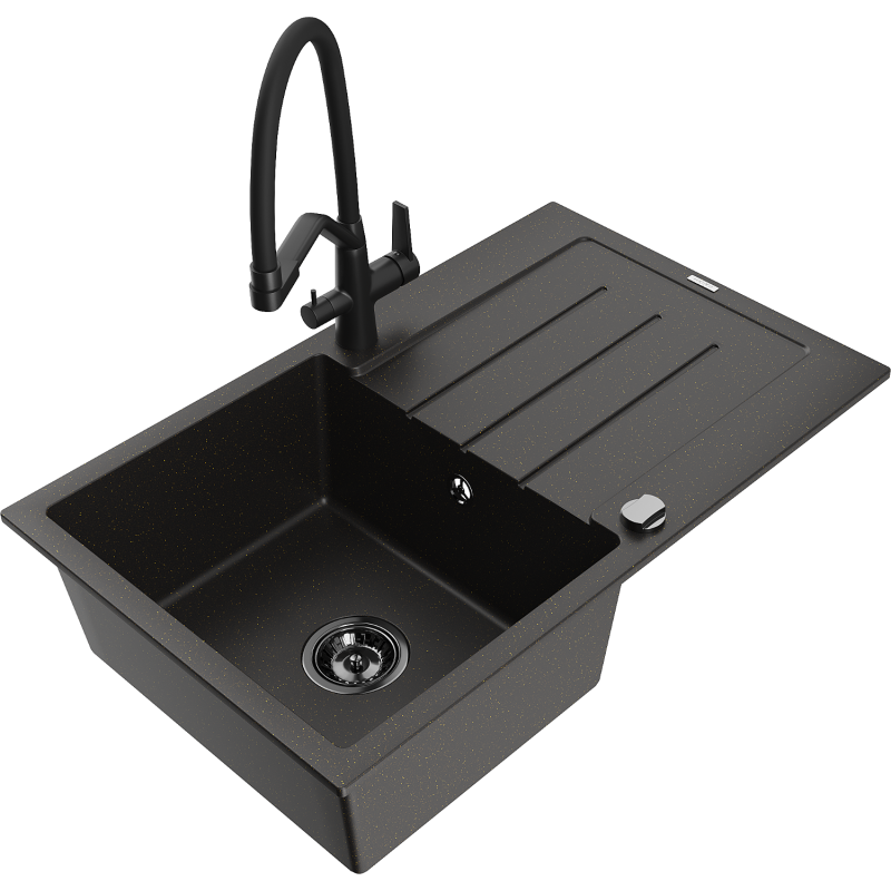 Mexen Bruno chiuvetă de granit cu 1 compartiment și scurgător și robinet de bucătărie Duo, negru/auriu metalizat